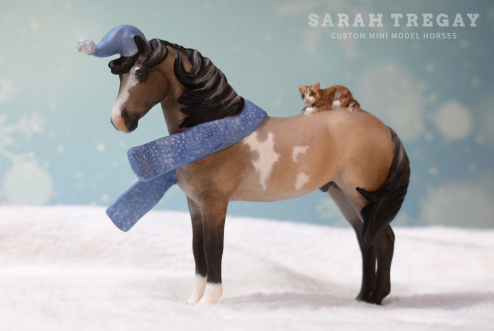 Breyer custom stablemate Grulla Pinto Pony with Maine Coon kitten model horse by Sarah Tregay