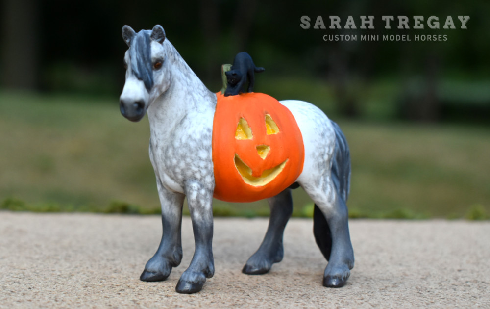 Halloween Model Horse Dapple Gray / Dapple Grey Draft Horse Stallion, Custom Breyer Stablemate by Sarah Tregay, a Custom Mini/ Stablemate Model Horse with cat and a pumpkin belly Jack-o-lantern