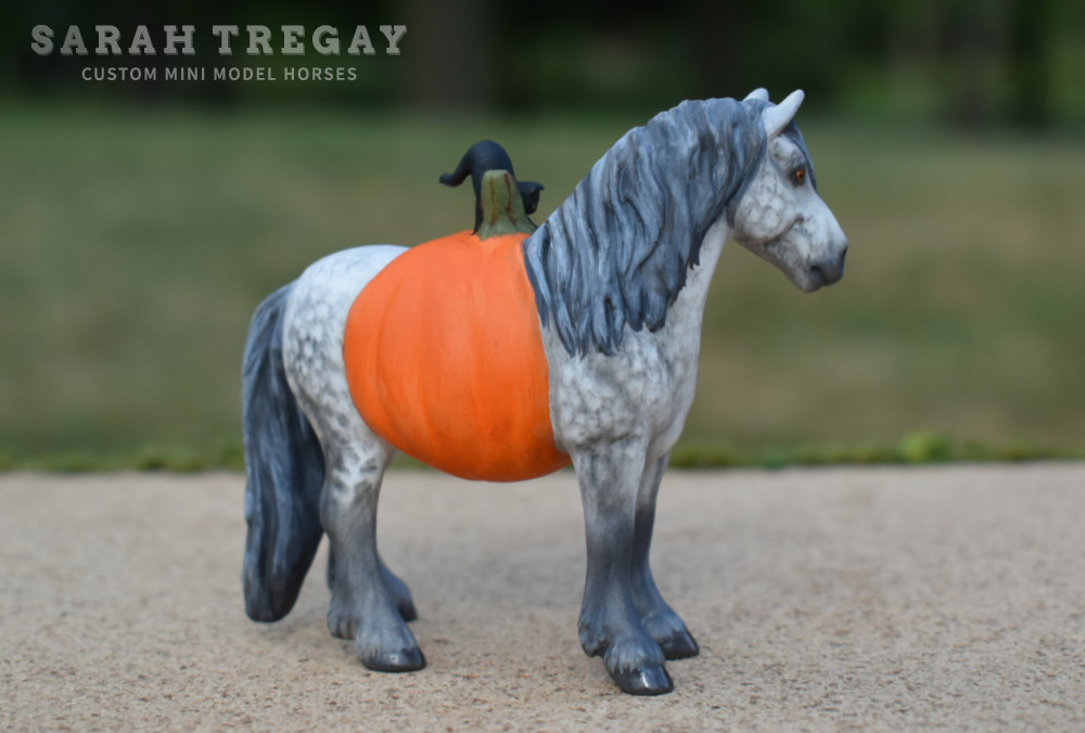 Halloween Model Horse Dapple Gray / Dapple Grey Draft Horse Stallion, Custom Breyer Stablemate by Sarah Tregay, a Custom Mini/ Stablemate Model Horse with cat and a pumpkin belly Jack-o-lantern