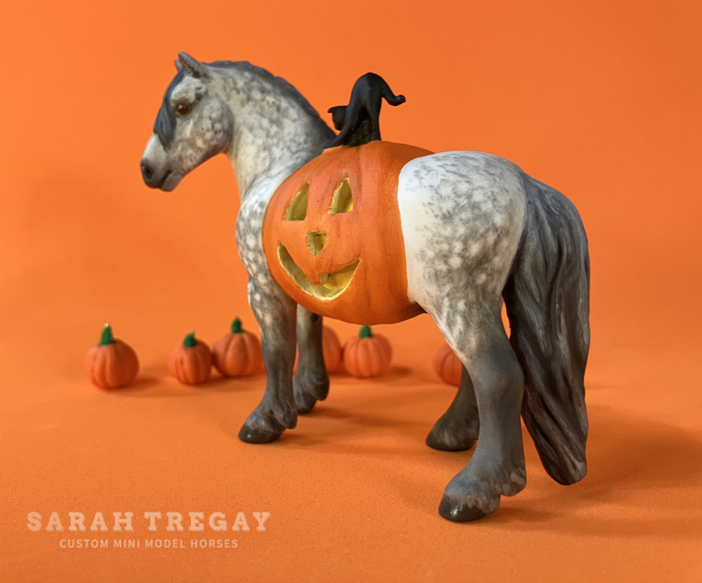 Halloween Model Horse Dapple Gray / Dapple Grey Draft Horse Stallion, Custom Breyer Stablemate by Sarah Tregay, a Custom Mini/ Stablemate Model Horse with cat and a pumpkin belly Jack-o-lantern