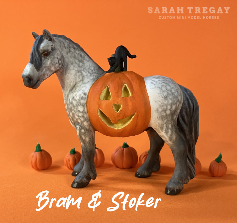 Halloween Model Horse Dapple Gray / Dapple Grey Draft Horse Stallion, Custom Breyer Stablemate by Sarah Tregay, a Custom Mini/ Stablemate Model Horse with cat and a pumpkin belly Jack-o-lantern