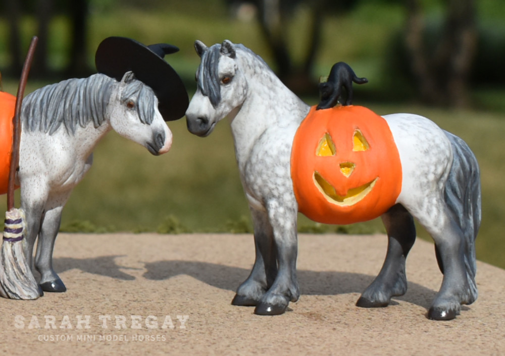 Halloween Model Horse Dapple Gray / Dapple Grey Draft Horse Stallion, Custom Breyer Stablemate by Sarah Tregay, a Custom Mini/ Stablemate Model Horse with cat and a pumpkin belly Jack-o-lantern