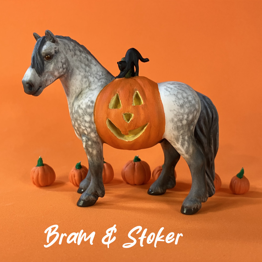 Halloween Model Horse Dapple Gray / Dapple Grey Draft Horse Stallion, Custom Breyer Stablemate by Sarah Tregay, a Custom Mini/ Stablemate Model Horse with cat and a pumpkin belly Jack-o-lantern