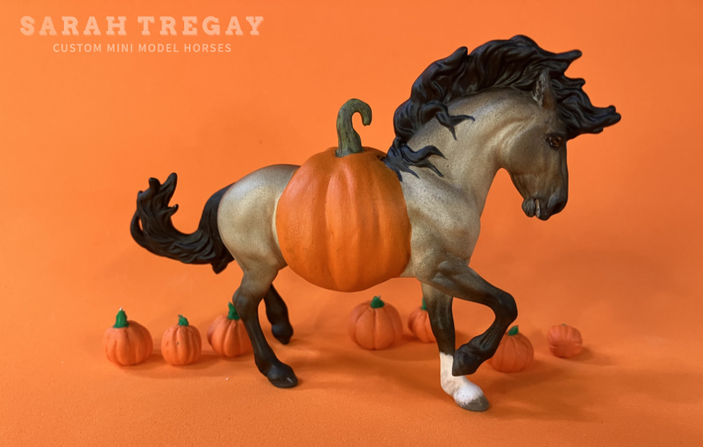 Halloween Model Horse Grulla / Grulla wild mustang Stallion, Custom Breyer Stablemate by Sarah Tregay, a Custom Mini/ Stablemate Model Horse with  a pumpkin belly Jack-o-lantern