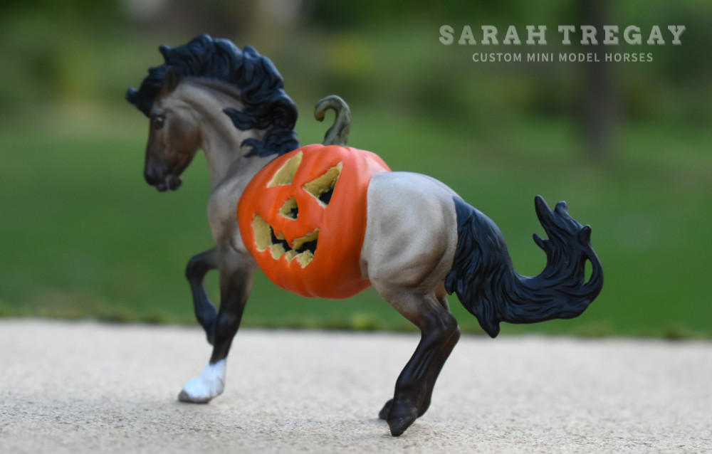 Halloween Model Horse Grulla / Grulla wild mustang Stallion, Custom Breyer Stablemate by Sarah Tregay, a Custom Mini/ Stablemate Model Horse with  a pumpkin belly Jack-o-lantern