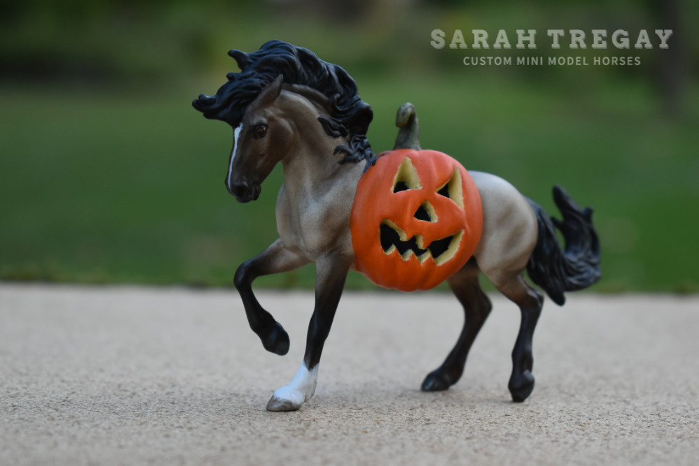 Halloween Model Horse Grulla / Grulla wild mustang Stallion, Custom Breyer Stablemate by Sarah Tregay, a Custom Mini/ Stablemate Model Horse with  a pumpkin belly Jack-o-lantern