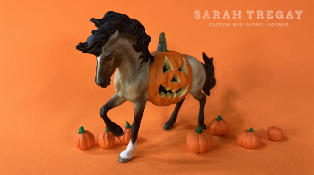Halloween Model Horse Grulla / Grulla wild mustang Stallion, Custom Breyer Stablemate by Sarah Tregay, a Custom Mini/ Stablemate Model Horse with a pumpkin belly Jack-o-lantern