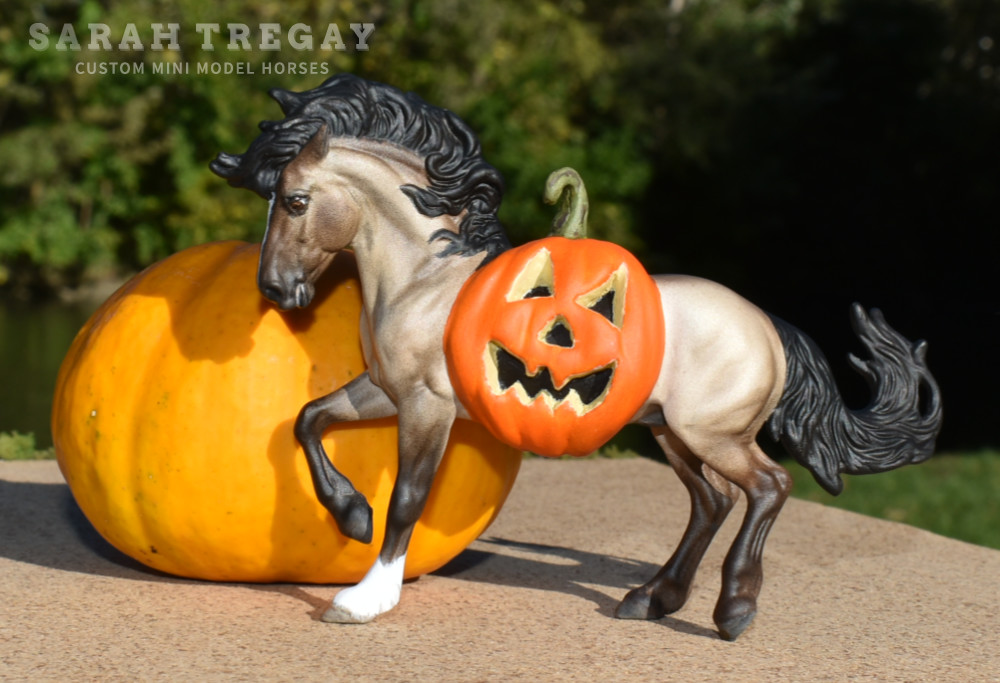 Halloween Model Horse Grulla / Grulla wild mustang Stallion, Custom Breyer Stablemate by Sarah Tregay, a Custom Mini/ Stablemate Model Horse with a pumpkin belly Jack-o-lantern
