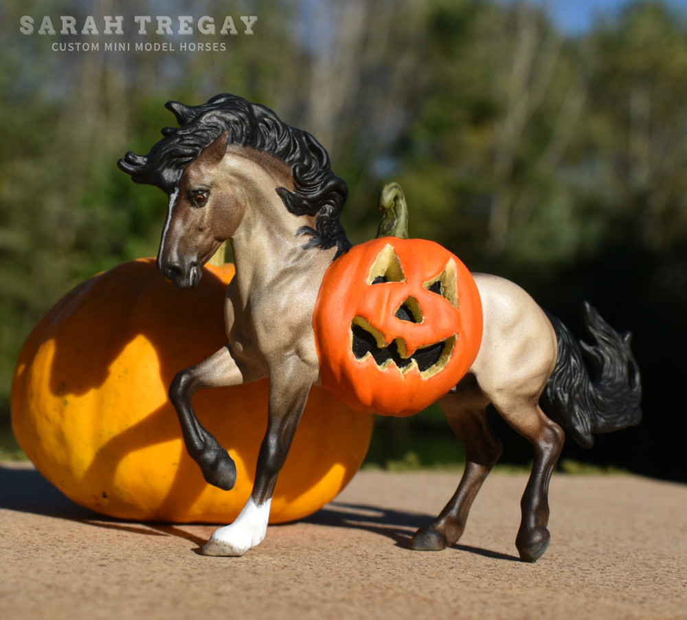 Halloween Model Horse Grulla / Grulla wild mustang Stallion, Custom Breyer Stablemate by Sarah Tregay, a Custom Mini/ Stablemate Model Horse with a pumpkin belly Jack-o-lantern