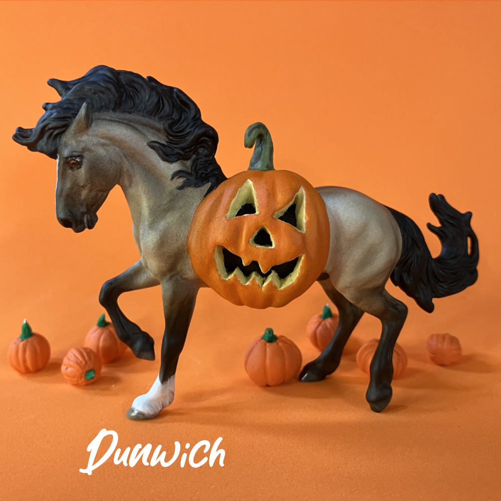 Halloween Model Horse Grulla / Grulla wild mustang Stallion, Custom Breyer Stablemate by Sarah Tregay, a Custom Mini/ Stablemate Model Horse with a pumpkin belly Jack-o-lantern