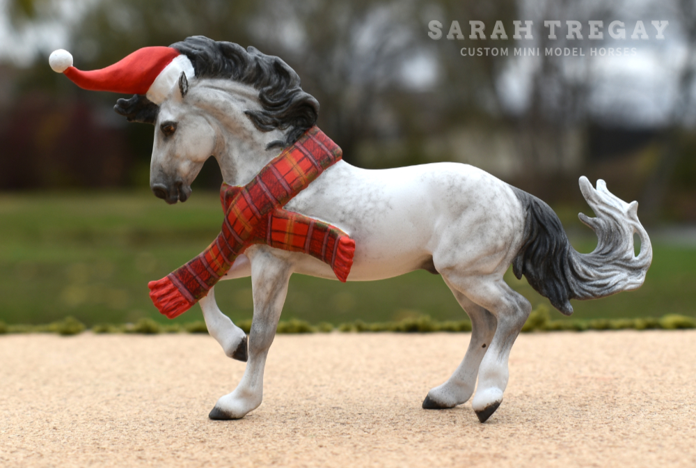 Breyer custom stablemate Dapple Gray Fireheart with plaid scarf. model horse by Sarah Tregay