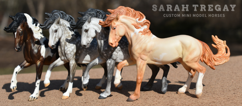 Stablemate Fireheart customs in dapple gray, bay pinto, dilute pinto Breyer Custom Mini Model Horses by Sarah Tregay (Breyer Stablemates)