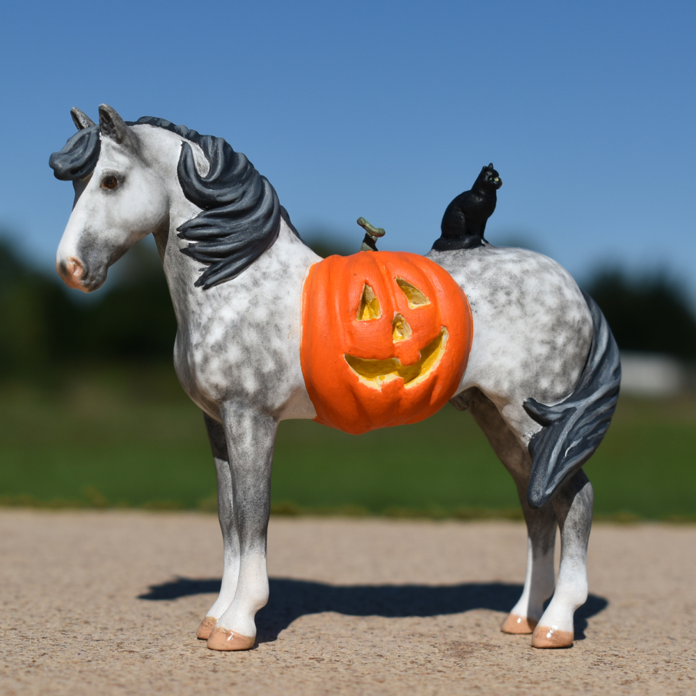  CM Breyer by Sarah Tregay, a Custom Mini/ Stablemate Model Horse to dapple gray connemara stallion with  jack-o-lantern and black cat, a Halloween decorator Breyer Stablmate