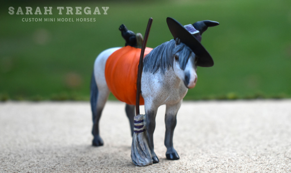 Withc model horse, Halloween Model Horse Flea bit Gray Witch / Flea bitten aged grade mare, Custom Breyer Stablemate by Sarah Tregay, a Custom Mini/ Stablemate Model Horse with black cat, broom, witch hat and a pumpkin belly