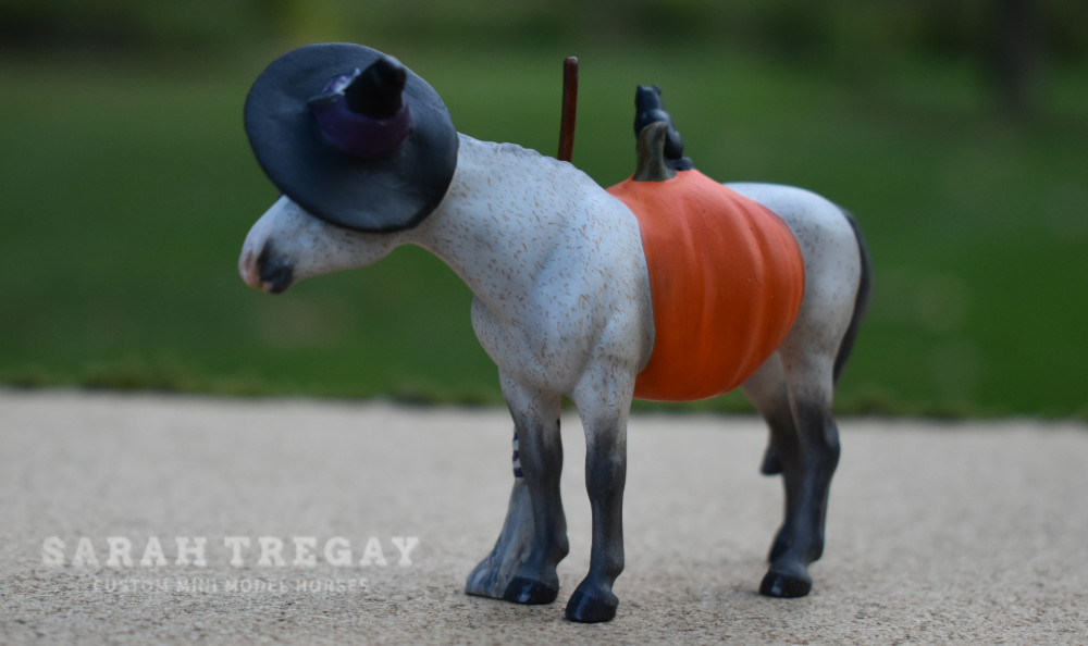Withc model horse, Halloween Model Horse Flea bit Gray Witch / Flea bitten aged grade mare, Custom Breyer Stablemate by Sarah Tregay, a Custom Mini/ Stablemate Model Horse with black cat, broom, witch hat and a pumpkin belly