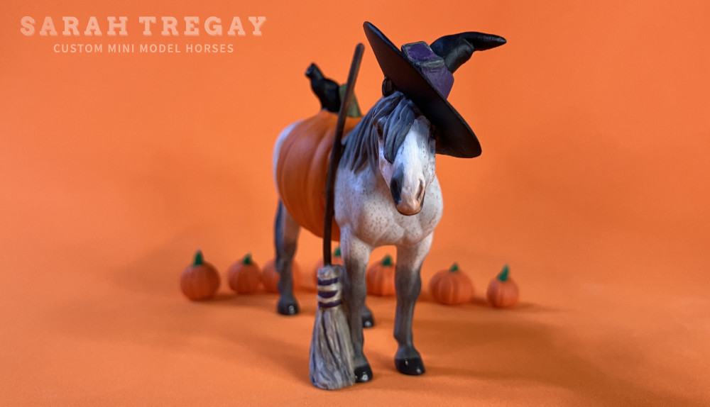 Withc model horse, Halloween Model Horse Flea bit Gray Witch / Flea bitten aged grade mare, Custom Breyer Stablemate by Sarah Tregay, a Custom Mini/ Stablemate Model Horse with black cat, broom, witch hat and a pumpkin belly