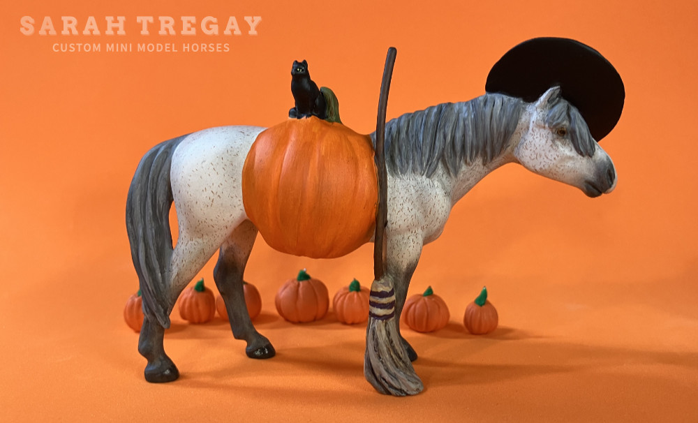 Withc model horse, Halloween Model Horse Flea bit Gray Witch / Flea bitten aged grade mare, Custom Breyer Stablemate by Sarah Tregay, a Custom Mini/ Stablemate Model Horse with black cat, broom, witch hat and a pumpkin belly