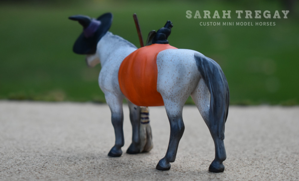 Withc model horse, Halloween Model Horse Flea bit Gray Witch / Flea bitten aged grade mare, Custom Breyer Stablemate by Sarah Tregay, a Custom Mini/ Stablemate Model Horse with black cat, broom, witch hat and a pumpkin belly