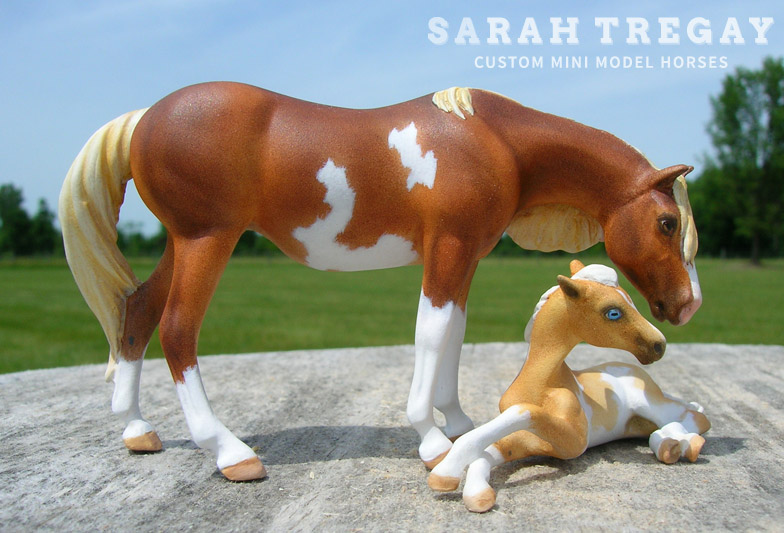 custom mini model horse by Sarah Tregay (Breyer Stablemate paint mare and foal)