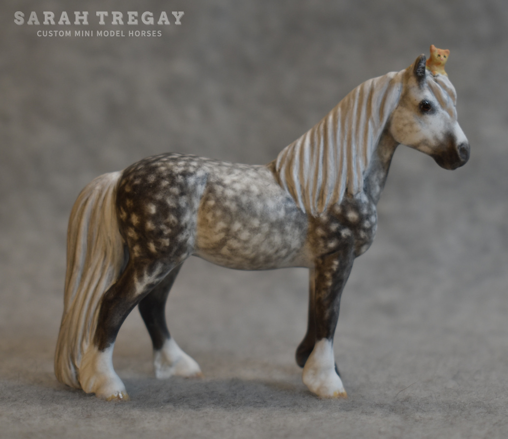 CM Breyer by Sarah Tregay, a Dapple gray Custom Mini/ Stablemate Model Horse Breyer pony with cute kitten on her head