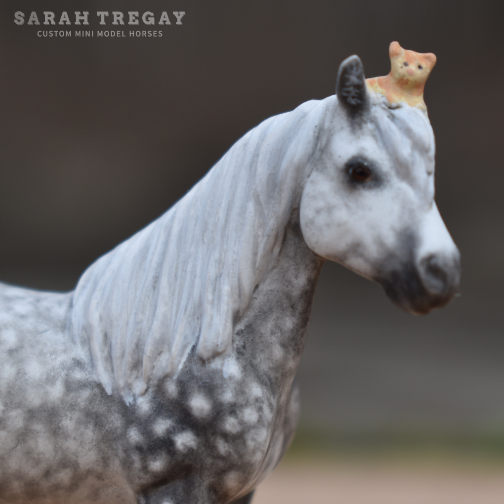 CM Breyer by Sarah Tregay, a Dapple gray Custom Mini/ Stablemate Model Horse Breyer pony with cute kitten on her head
