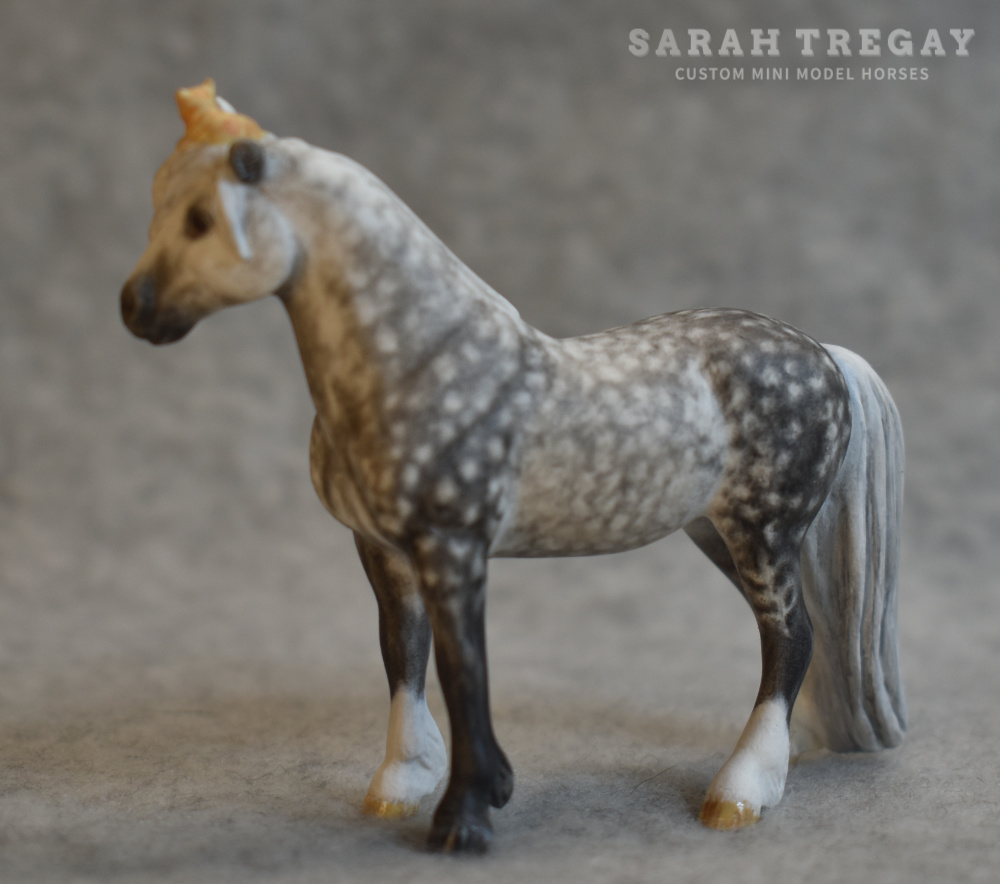 CM Breyer by Sarah Tregay, a Dapple gray Custom Mini/ Stablemate Model Horse Breyer pony with cute kitten on her head