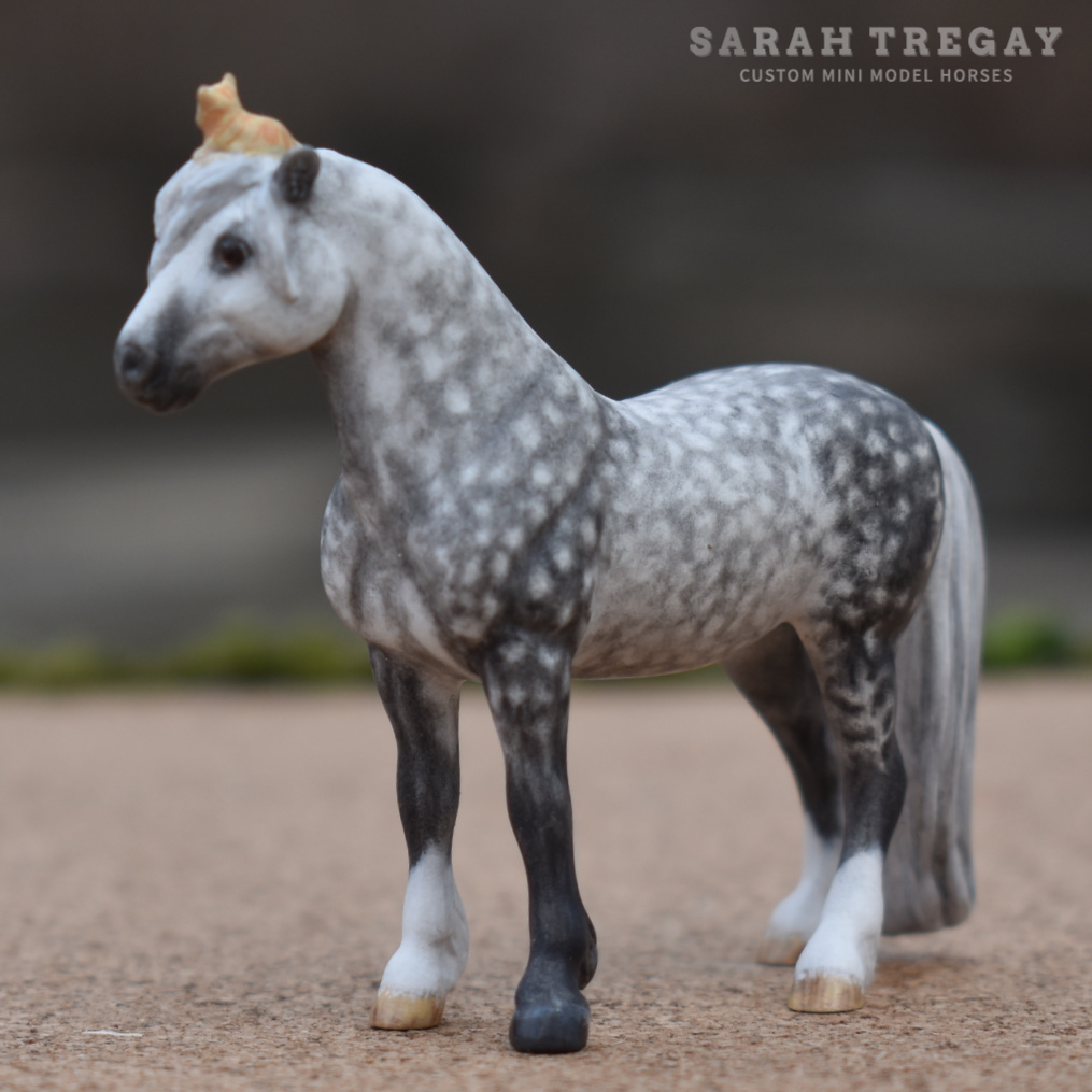 CM Breyer by Sarah Tregay, a Dapple gray Custom Mini/ Stablemate Model Horse Breyer pony with cute kitten on her head