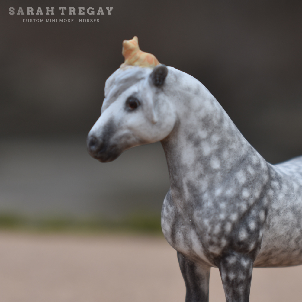 CM Breyer by Sarah Tregay, a Dapple gray Custom Mini/ Stablemate Model Horse Breyer pony with cute kitten on her head