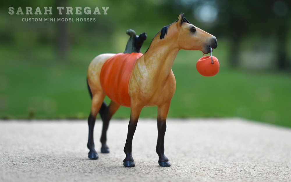 Trick-or-treat, Halloween Model Horse bright dapple buckskin / Dapple buckskin QH Quarter Horse Mare, Custom Breyer Stablemate by Sarah Tregay, a Custom Mini/ Stablemate Model Horse with cat and a pumpkin belly Jack-o-lantern