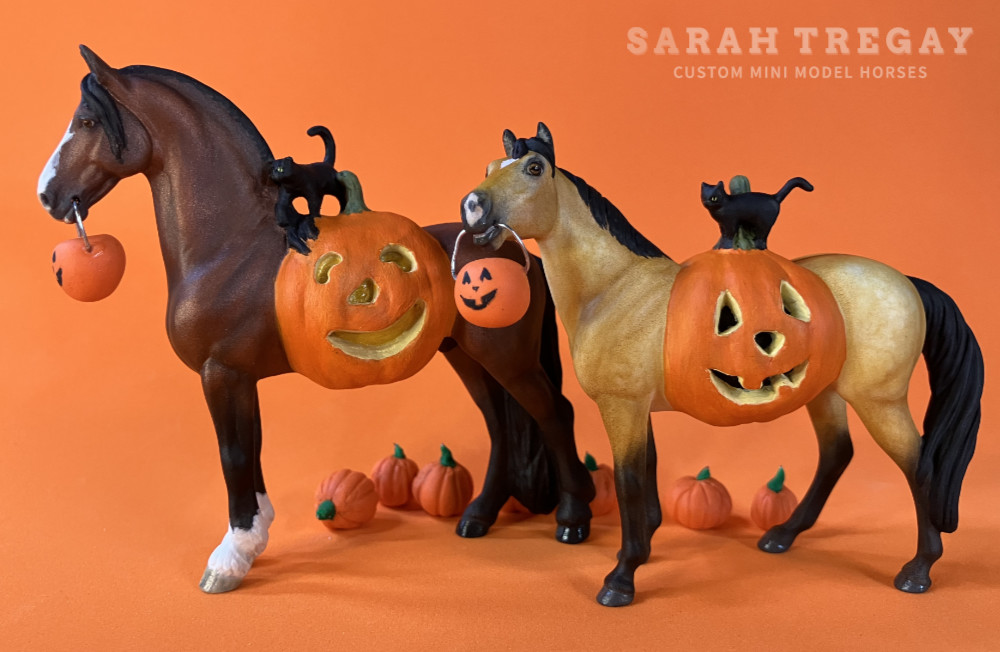 Trick-or-treat, Halloween Model Horse bright dapple buckskin / Dapple buckskin QH Quarter Horse Mare, Custom Breyer Stablemate by Sarah Tregay, a Custom Mini/ Stablemate Model Horse with cat and a pumpkin belly Jack-o-lantern