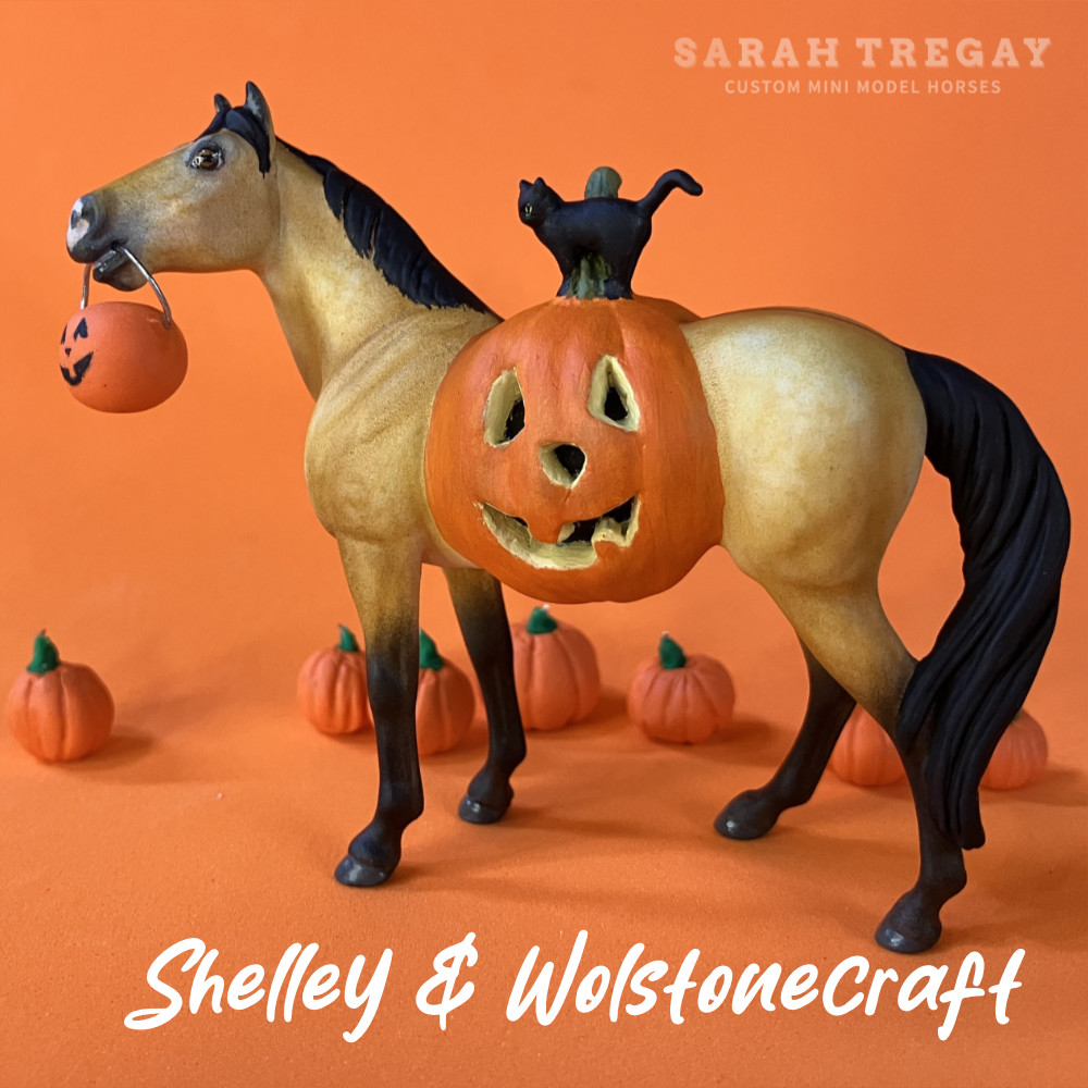 Trick-or-treat, Halloween Model Horse bright dapple buckskin / Dapple buckskin QH Quarter Horse Mare, Custom Breyer Stablemate by Sarah Tregay, a Custom Mini/ Stablemate Model Horse with cat and a pumpkin belly Jack-o-lantern